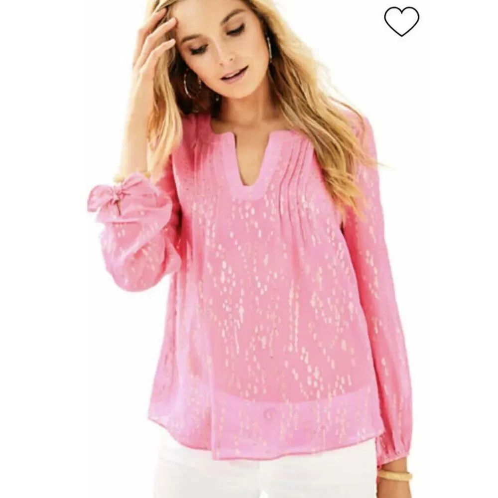 Lilly Pulitzer COLBY SILK CLIP TOP Neon Pink Gold Metallic Soleil Blouse Siz XXS